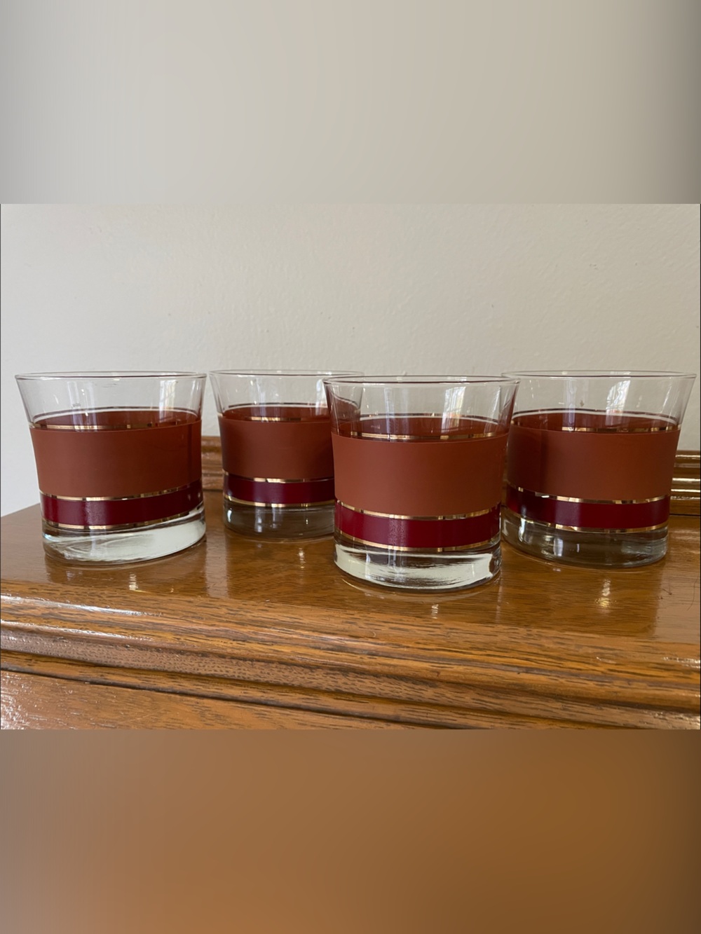 Vintage Libbey Brown and Burgundy Band Lowball Glasses - Set of 4